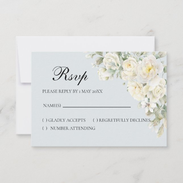 White Roses Light Blue RSVP Card Karte (Vorderseite)