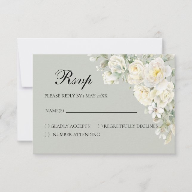 White Roses Light Green RSVP card Karte (Vorderseite)