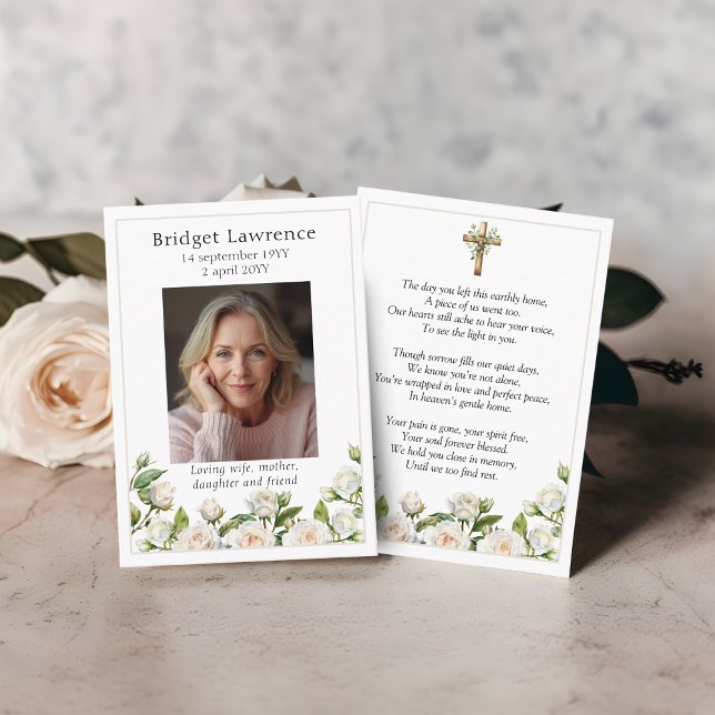 White Roses Memorial Photo Prayer Card Visitenkarte (Von Creator hochgeladen)