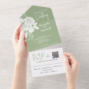 White Roses on Sage All in One Wedite Einladung