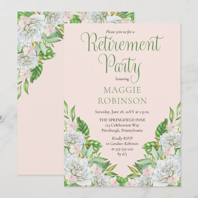 White Roses | Orchids Boho Floral Retirement Party Einladung (Vorne/Hinten)