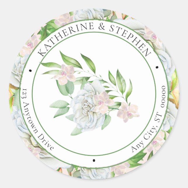 White Roses | Orchids Boho Floral Rücksendeadresse Runder Aufkleber (Vorderseite)