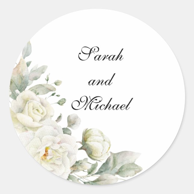 White Roses Personalized Wedding Stickers (Vorderseite)