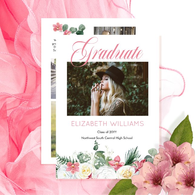 White Roses |Rosa Orchid 4 Foto Collage Graduate Ankündigung (White Roses and Pink Orchids Floral 4 Photo Collage Graduate Graduation Announcement Print Digital)