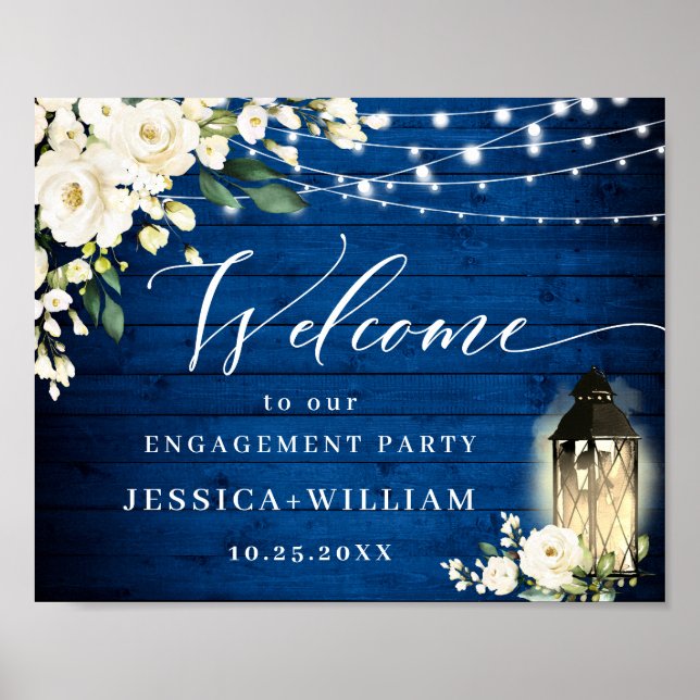White Roses Royal Blue Wood ENGAGEMENT PARTEI Poster (Vorne)