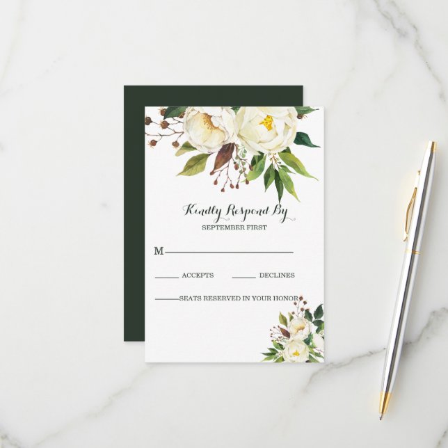 White Roses RSVP Karte (Vorderseite/Rückseite Beispiel)