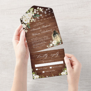 White Roses Rustic Wood Lantern Wedding All In One Einladung