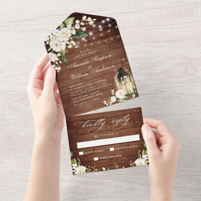 White Roses Rustic Wood Lantern Wedding All In One Einladung (Abreißen)