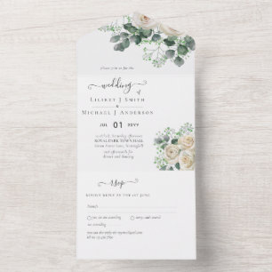 White Roses Sage Eukalyptus Blätter Hochzeitbudget All In One Einladung