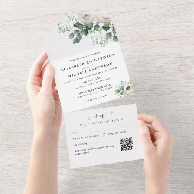 White Roses Sage Eukalyptus Blätter Hochzeitbudget All In One Einladung (Abreißtisch)