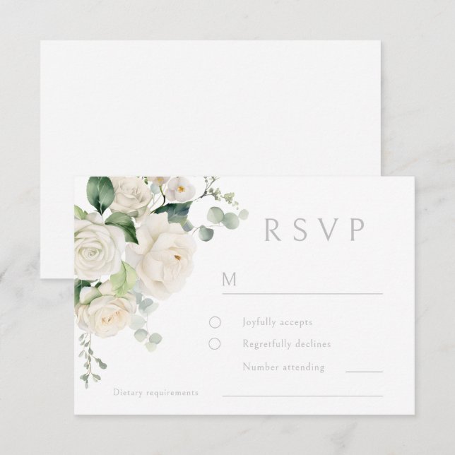 White Roses & Sage Leaf Wedding RSVP Karte (Vorne/Hinten)
