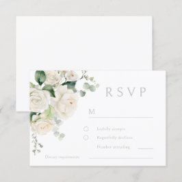 White Roses & Sage Leaf Wedding RSVP Karte