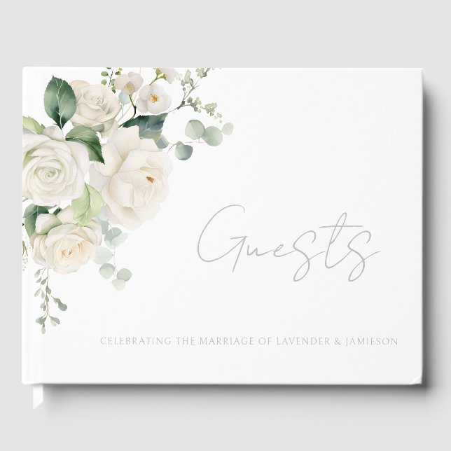 White Roses & Sage Leaf Wedding Stationary Gästebuch (Vorderseite)