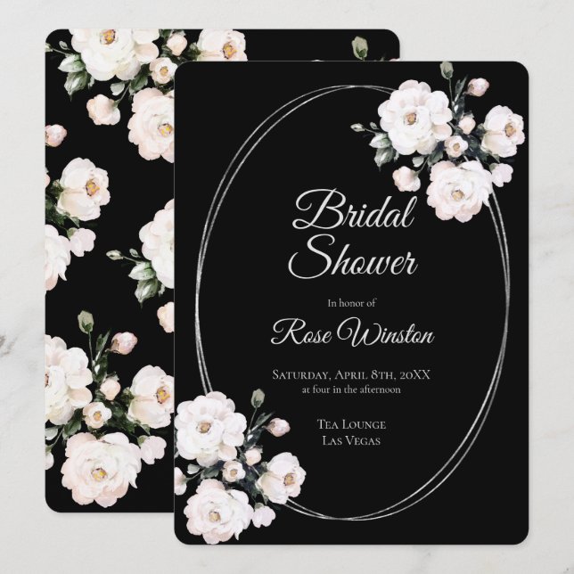 White Roses Silver Rings Black Brautparty Einladung (Vorne/Hinten)