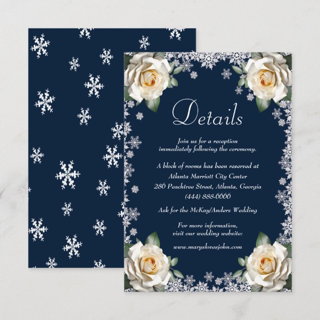White Roses Snowflake Weihnachten Hochzeit Details Begleitkarte (Vorne/Hinten)