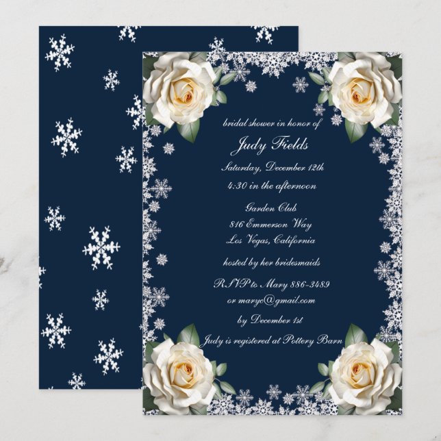 White Roses Snowflake Weihnachts-Brautparty Einladung (Vorne/Hinten)