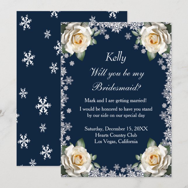 White Roses Snowflake Weihnachts Bridesmaid Einladung (Vorne/Hinten)