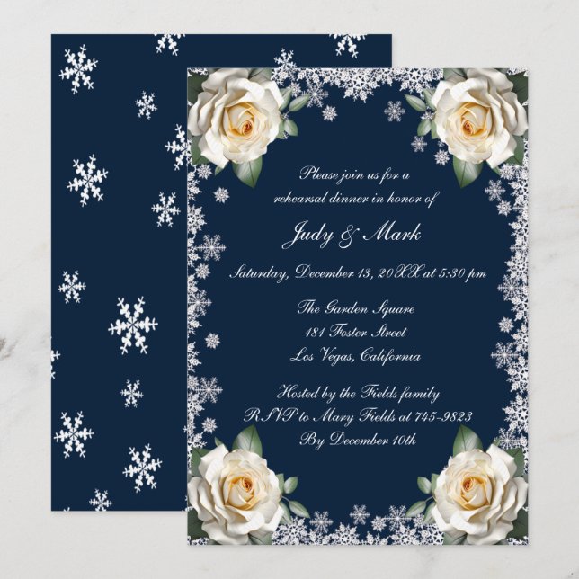 White Roses Snowflake Weihnachts-Probe Abendessen Einladung (Vorne/Hinten)
