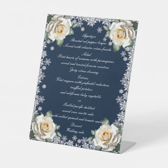 White Roses Snowflake Weihnachtsmenü Sockelschild (Vorderseite)