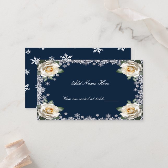 White Roses Snowflake Weihnachtstisch Hochzeit Platzkarte (Vorderseite/Rückseite Beispiel)