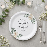 White roses Spring Floral Romantic Wedding Pappteller<br><div class="desc">Bring refined botanical elegance to your reception tables with this beautifully designed wedding plate inspired by a watercolor white roses garden wedding. Soft white rose florals and delicate greenery are thoughtfully arranged along the edges, creating a balanced botanical detail that frames the center of the plate. The gentle floral artwork...</div>