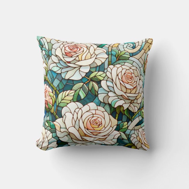 White Roses Stained Glass Mosaic Kissen (Vorderseite)