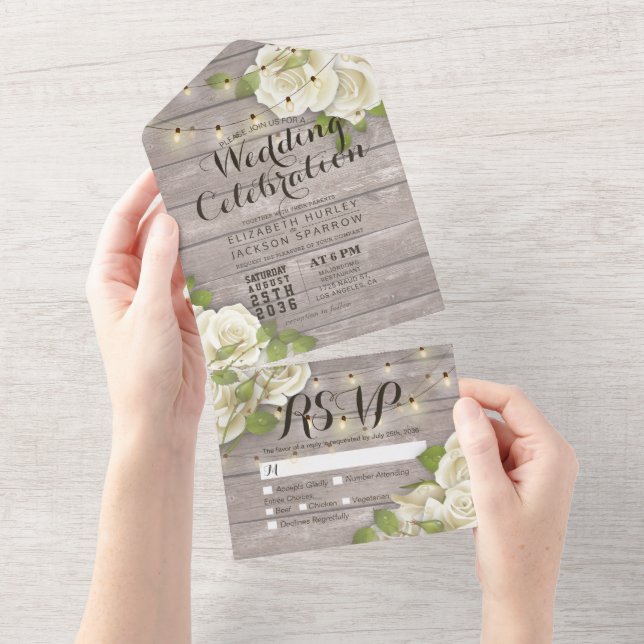 White Roses String Lights Rustic Wood Wedding RSVP All In One Einladung (Abreißen)