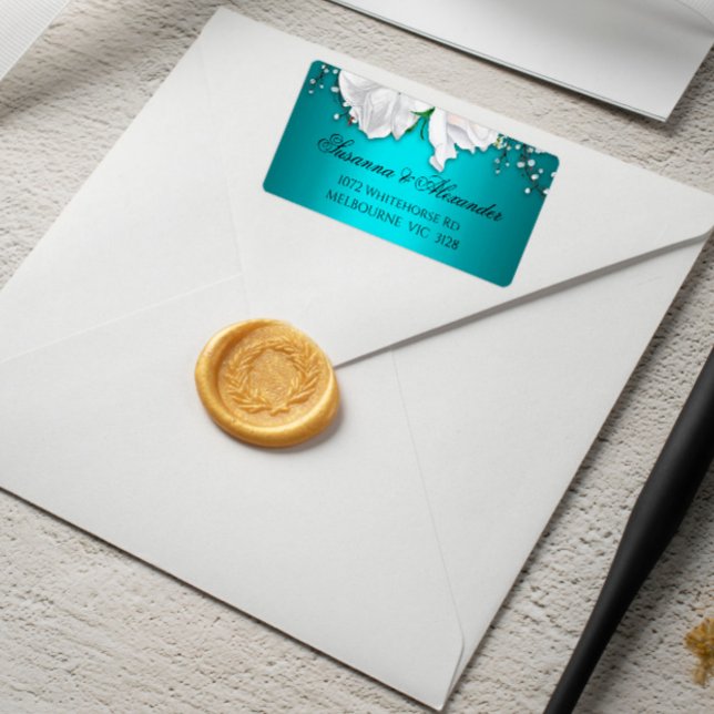 White Roses und Aqua Hochzeit Adressaufkleber (Von Creator hochgeladen)