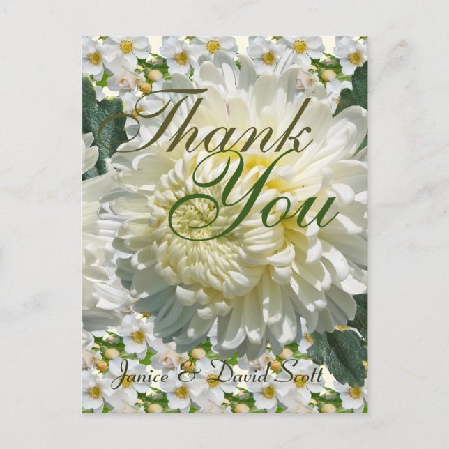 White Roses und Chrysanthemum Wedding Vielen Dank Postkarte (Vorderseite)