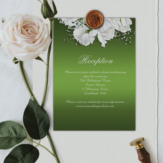 White Roses und Emerald Green Wedding Reception Begleitkarte (Von Creator hochgeladen)