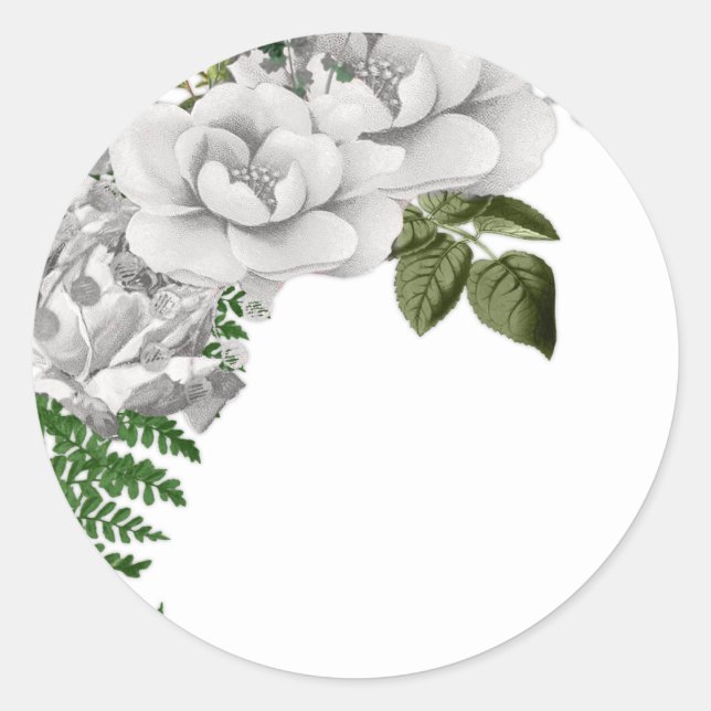White Roses und Ferns Wedding Runder Aufkleber (Vorderseite)