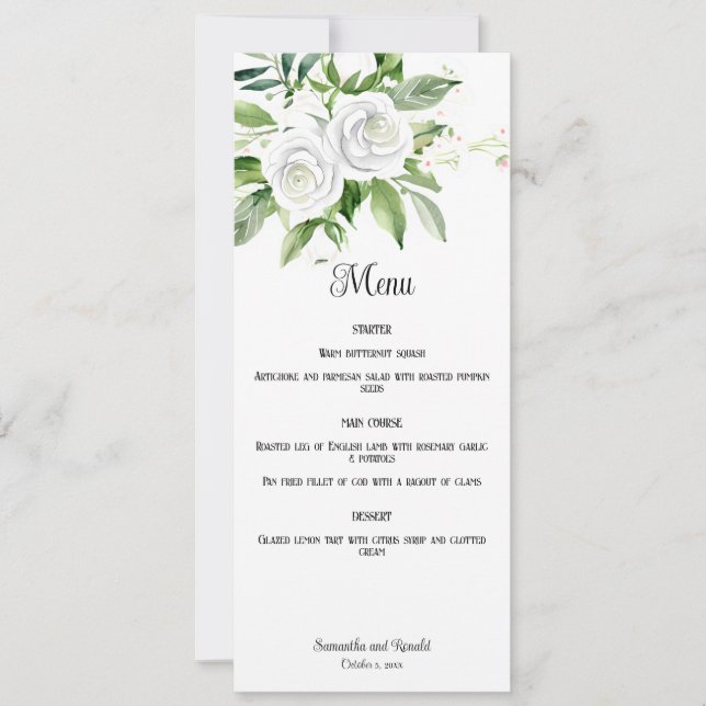 White Roses und Gipskraut Wedding Menu Card Einladung (Vorderseite)