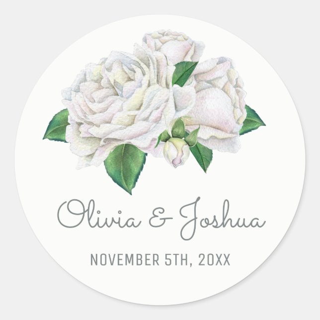 White Roses Watercolor Hochzeitskleber Runder Aufkleber (Vorderseite)