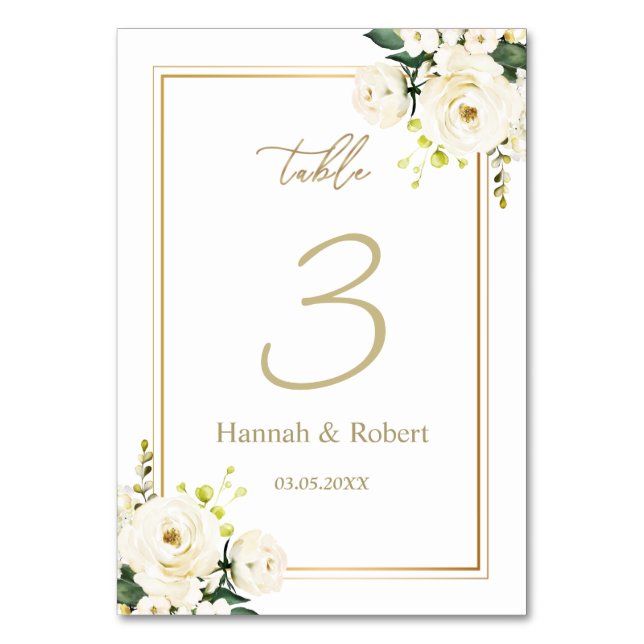 White Roses Wedding Tischnummer Card (Vorderseite)