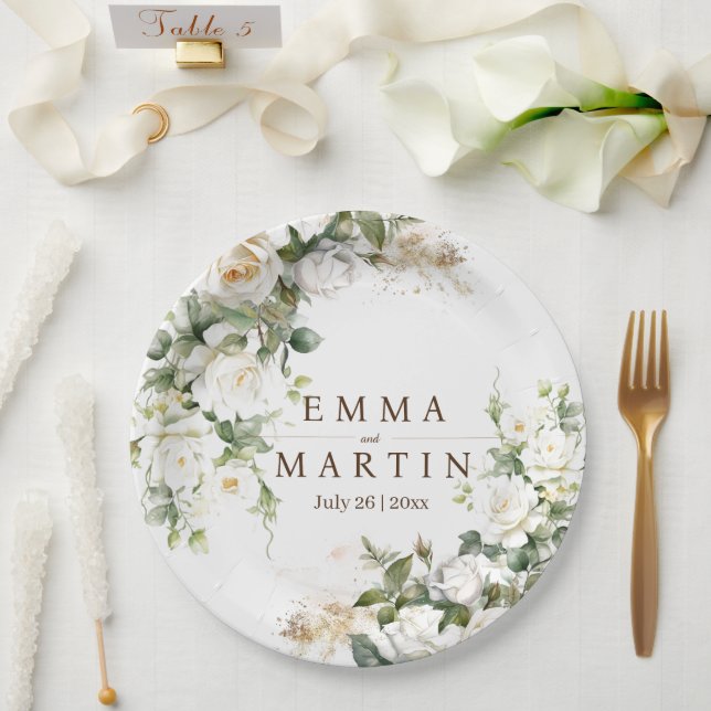 White Roses Wedwers Pappteller (Hochzeit)