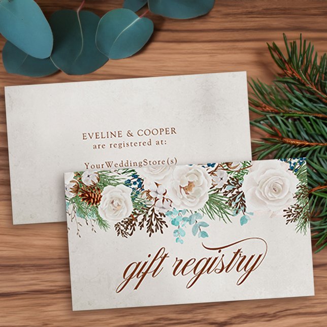 White Roses Winter Wedding Gift Registry Begleitkarte (Winter Wedding enclosure card for gift registry with elegant calligraphy, white roses and pine)
