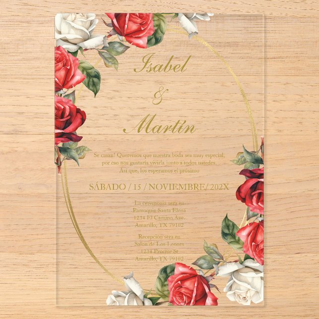 White & Rote Rose Elegante Hochzeit Spanisch Acryleinladungen (Vorderseite)
