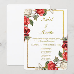 White & Rote Rose Elegante Hochzeit Spanisch Einladung