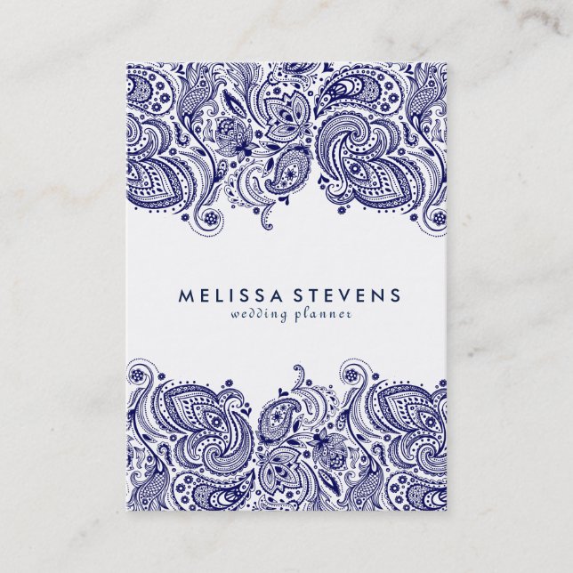 White & Royal Blue Paisley Lace Wedding Planner Visitenkarte (Vorderseite)
