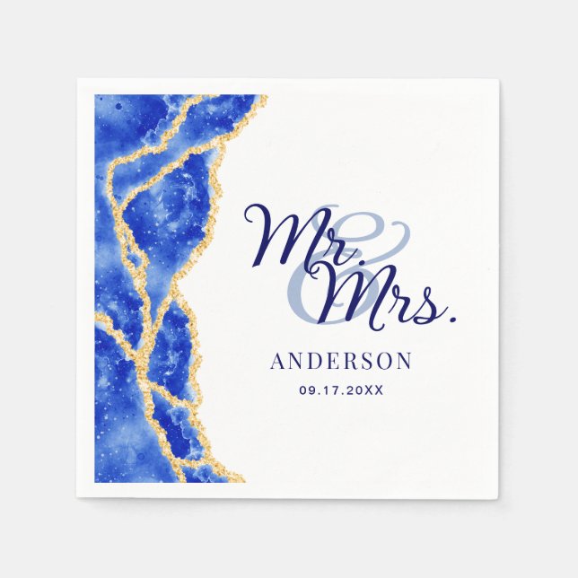 White Royal Blue und Gold Agate Elegante Wedding Serviette (Vorderseite)