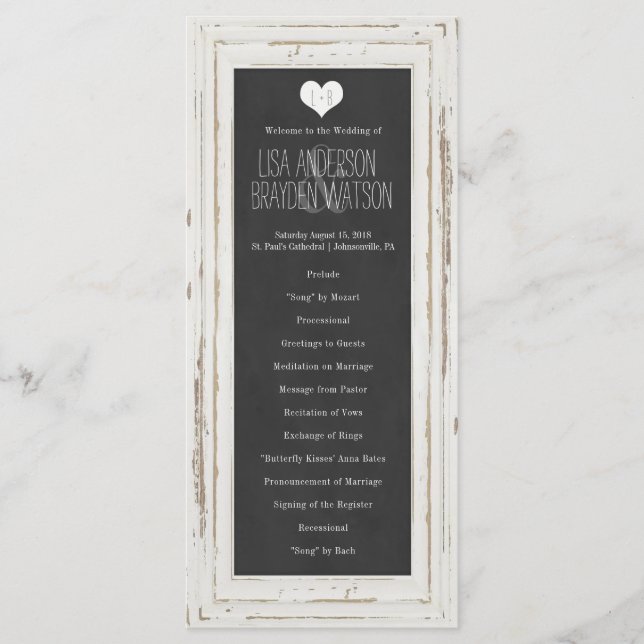 White Rustic Frame Chalk Hochzeitsprogramm Programm (Vorderseite)