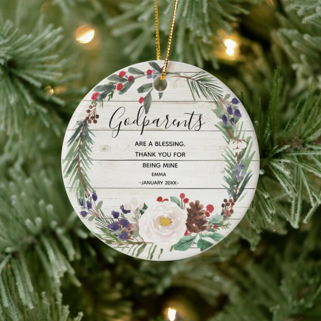 White Rustic Winter Flowers Godeltern Christmas Keramik Ornament (Baum)