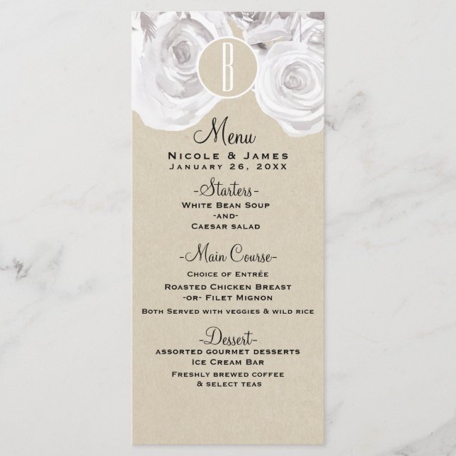 White Rustic Winter Rose Kraft Wedding Menu Card Menükarte (Vorderseite)