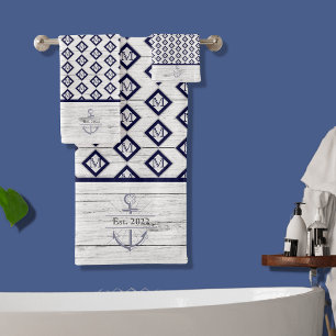White Rustic Wood Beach House Lake House Navy Blue Badhandtuch Set