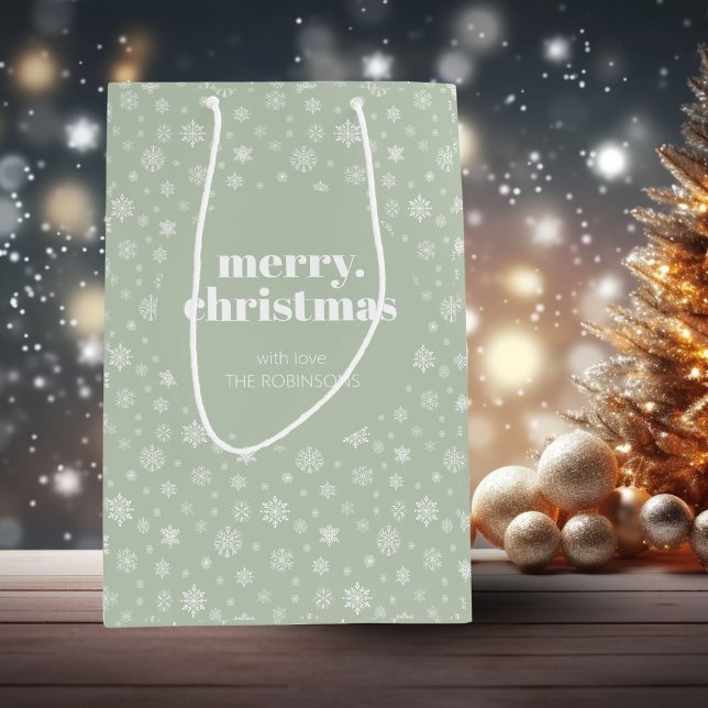 White Sage Green Frohe Weihnachten Snowflake Muste Mittlere Geschenktüte (Christmas holiday snowflake pattern gift bag)