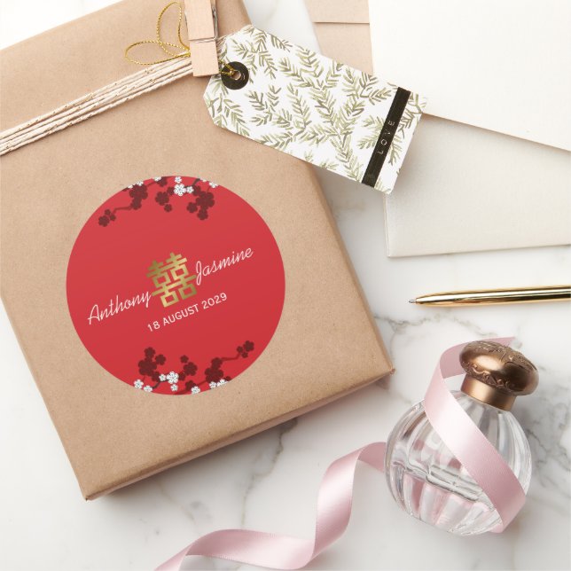 White Sakura Gold Doppelglücklichkeit Chinesische  Runder Aufkleber (Schenken)