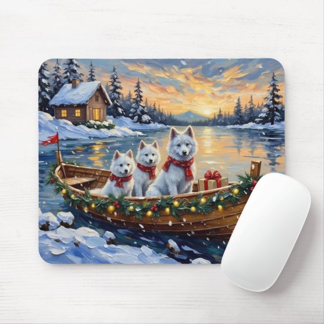 White Samoyed Christmas Boat Holiday Mousepad (Mit Mouse)