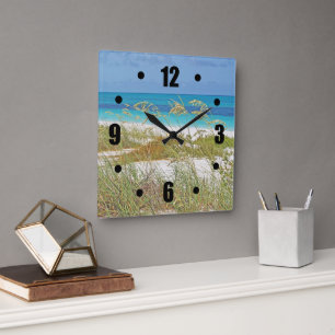 "WHITE SAND BEACH, SEA GRASS, BLUE-GREEN WATER" QUADRATISCHE WANDUHR