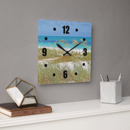 "WHITE SAND BEACH, SEA GRASS, BLUE-GREEN WATER" QUADRATISCHE WANDUHR