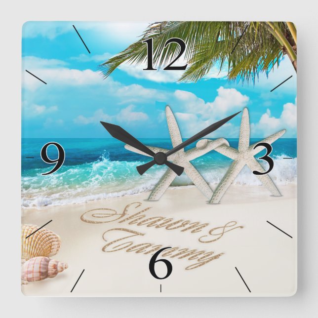 White Sands Beach Starfish Couple Quadratische Wanduhr (Vorderseite)